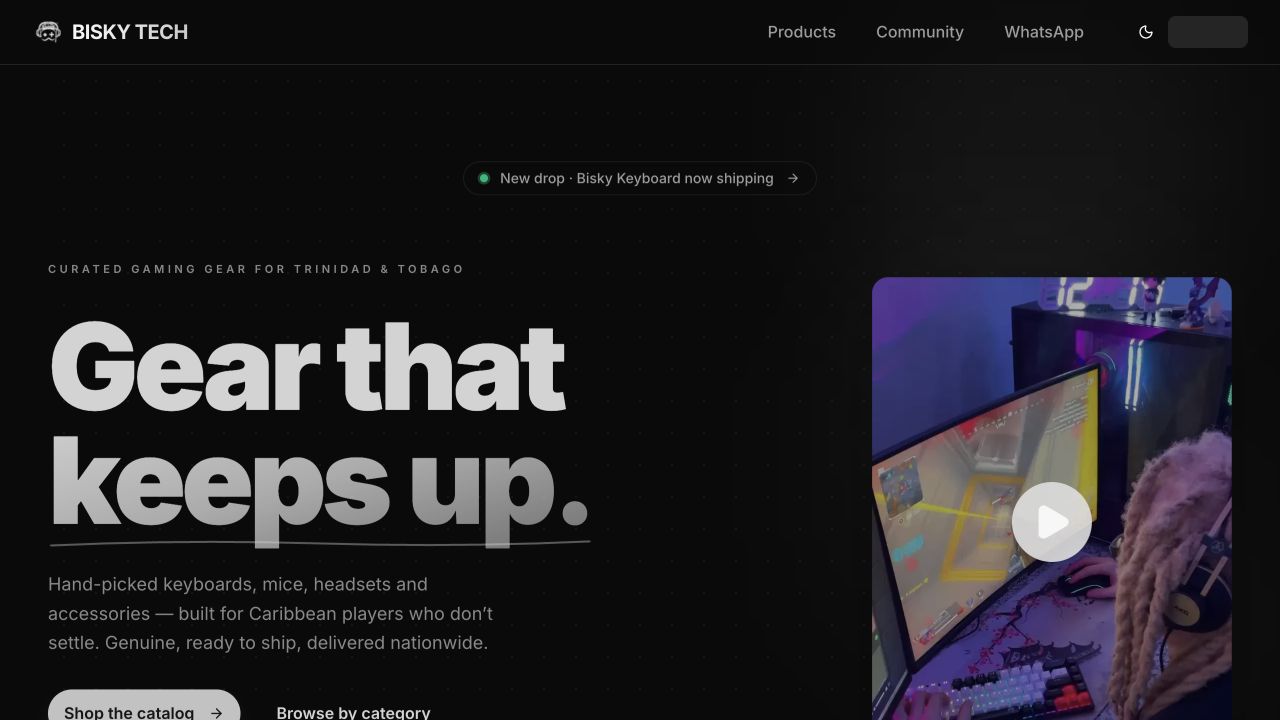 BiskyTech homepage showing gaming product discovery and shopping controls