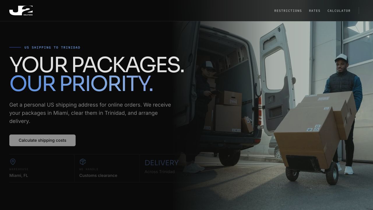 J2 Shipping homepage showing parcel-shipping information and delivery imagery